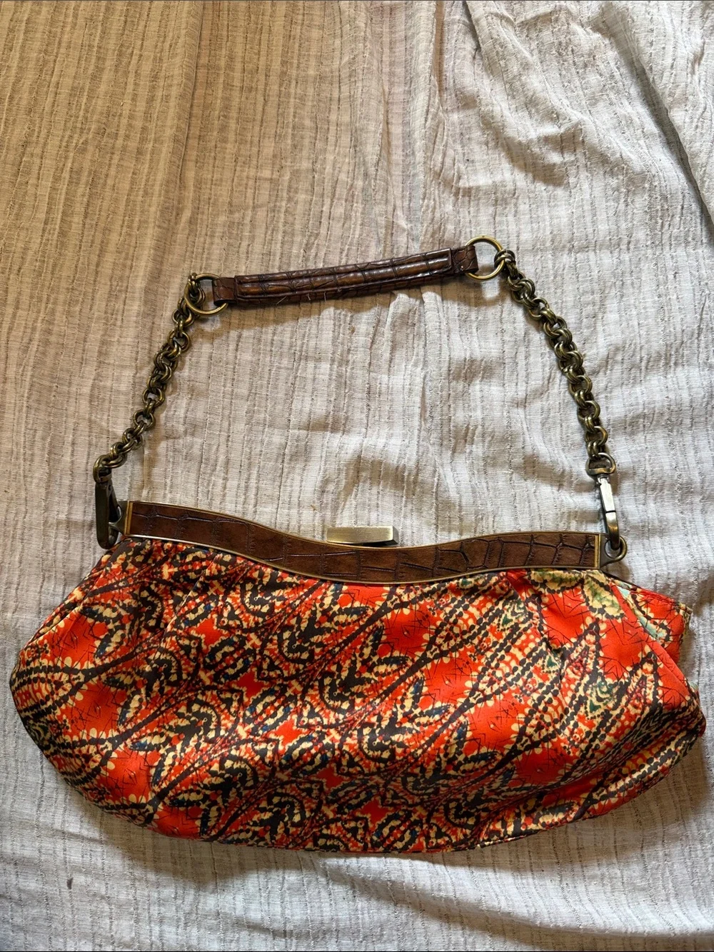 Patterned Orange Satin Clutch with Chain Handle